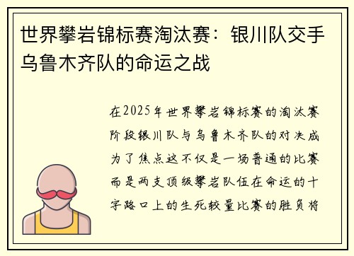 世界攀岩锦标赛淘汰赛：银川队交手乌鲁木齐队的命运之战